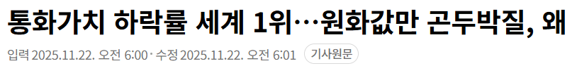 대한민국 11월 통화가치 전세계 1위 달성